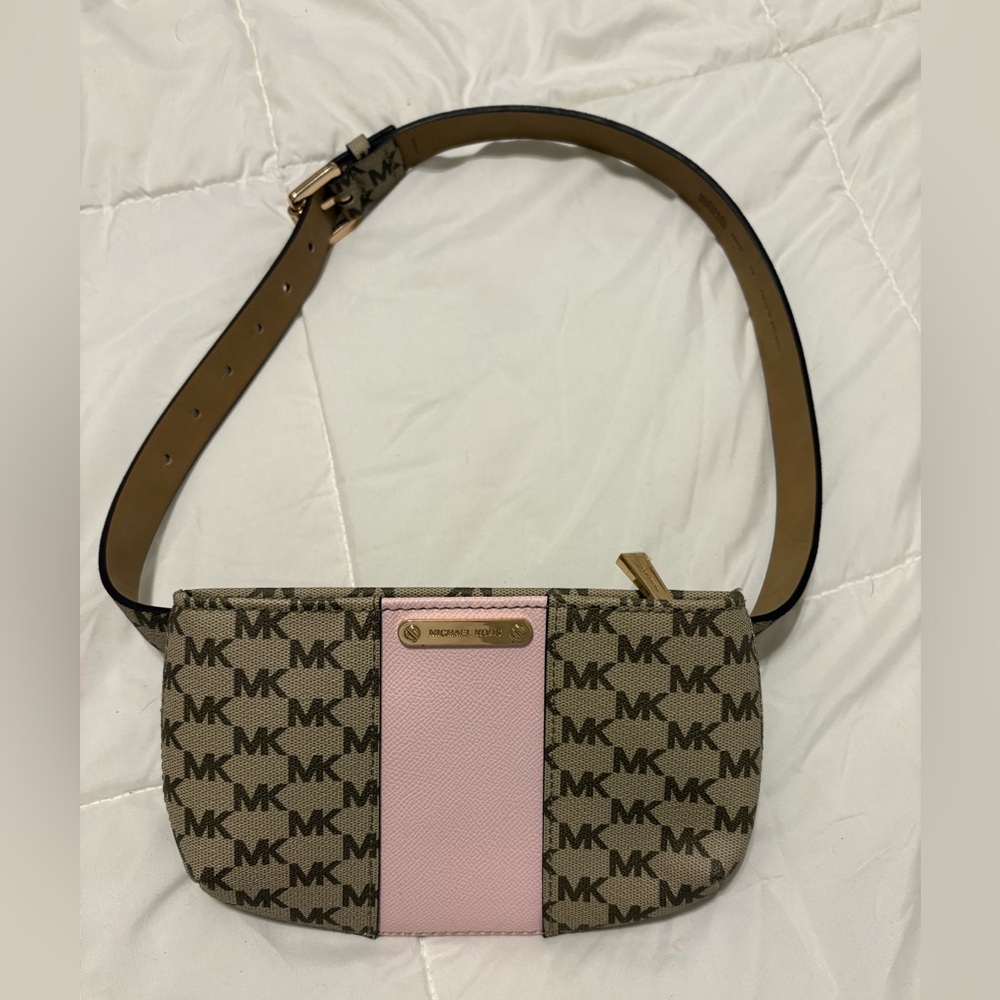 Michael Kors Tan and Pink Logo Crossbody Bag